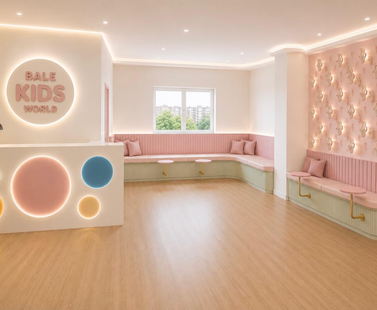 Karşılama alanı: arkadan aydınlatmalı yuvarlak Bale Kids World tabelası, pembe, mavi ve sarı daireli resepsiyon bankosu, pencere önünde uzanan pembe oturma bankları